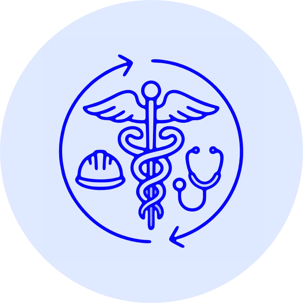 371f0458-8af1-4e67-ba9d-df73601fc928 Icon zeigt ein ein Arztsymbol mit einem Arbeiterhelm und einem Stethoskop in einem Kreis.
