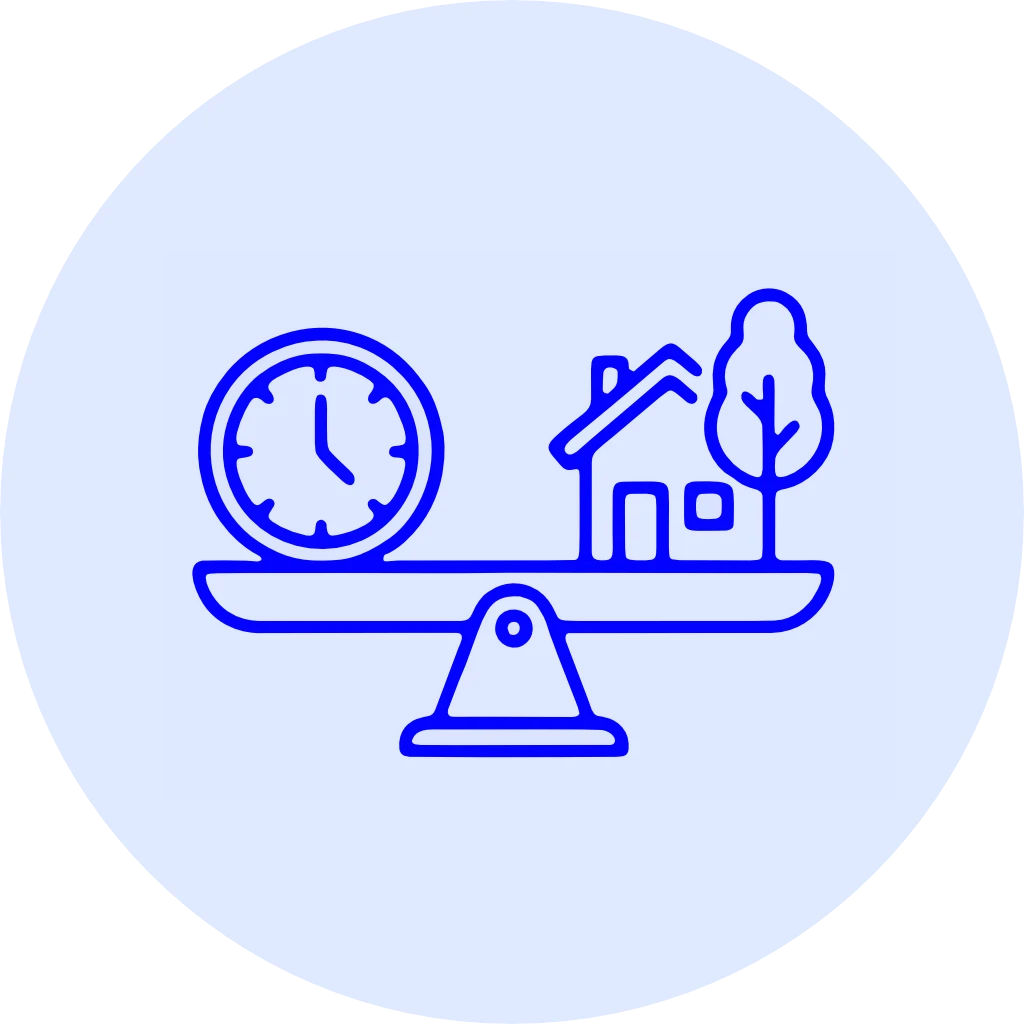 76067323-3403-4c12-9c29-1726e552aa25 Icon zeigt eine Waage mit einer Uhr auf der einen Seite und einem Haus mit Baum auf der anderen.